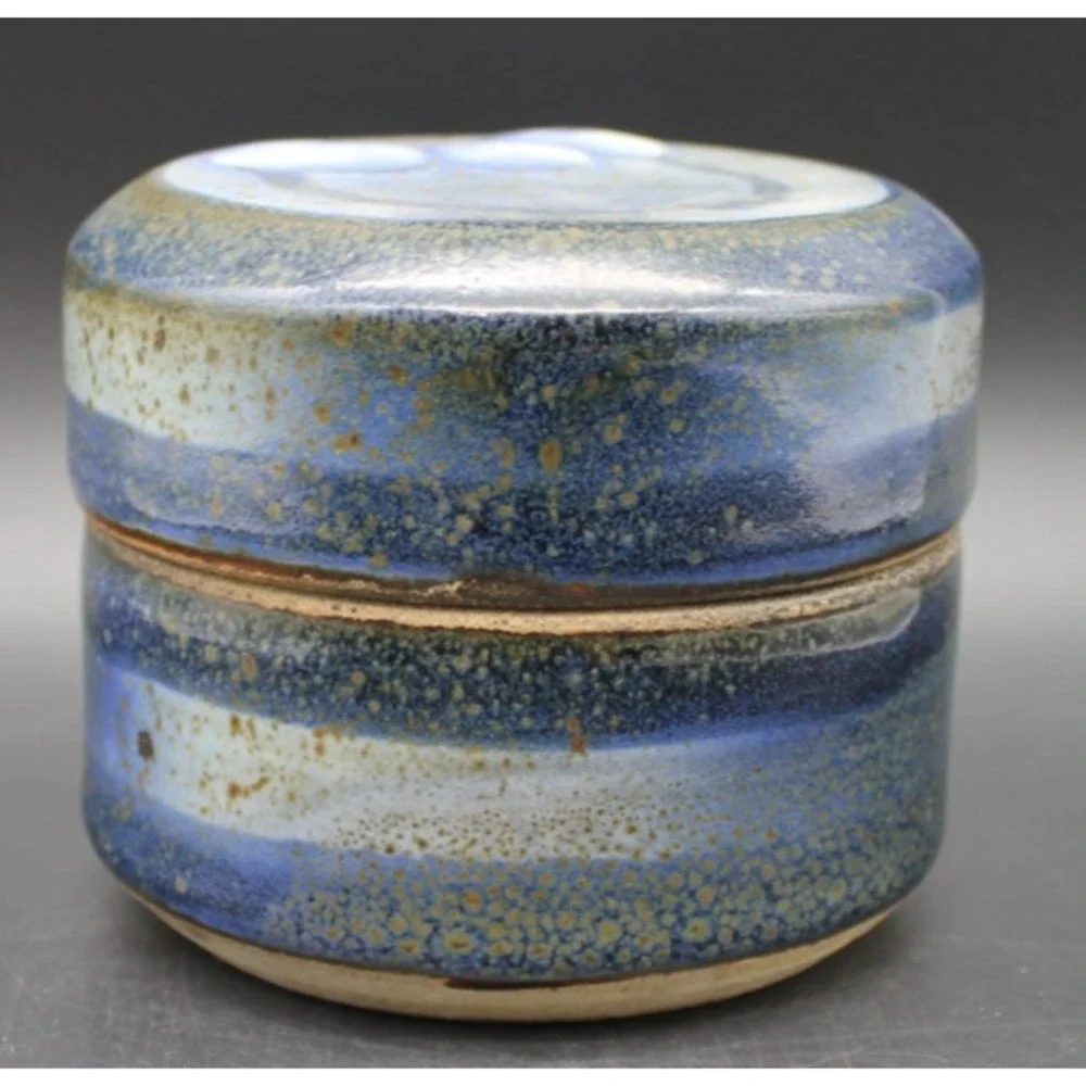 Studio Pottery Lidded Jar Blue Speckled Stoneware Trinket Box Handmade 4in